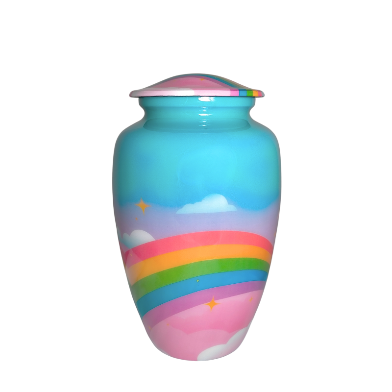 Pink Rainbow Alloy Urn with vibrant rainbow and cloud design, a durable memorial cremation urn for ashes. Ideal for a colorful tribute.