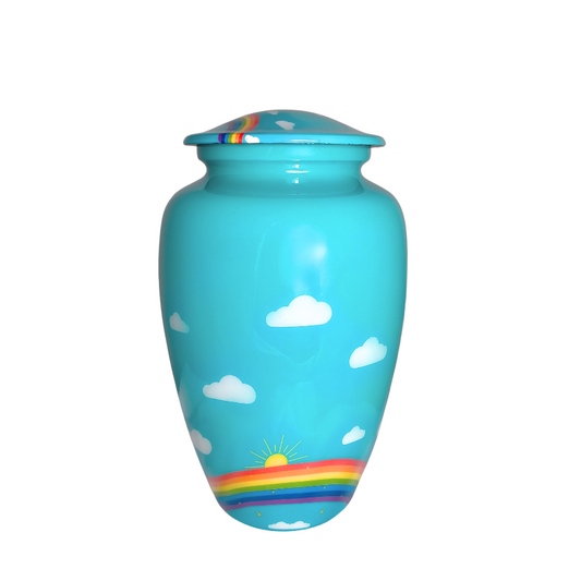 Rainbow Alloy Urn with blue sky, clouds, and rainbow sunset design. Elegant memorial ashes container with secure lid for lasting tribute.