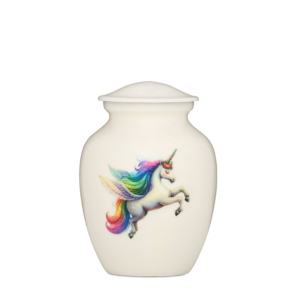 Medium alloy unicorn urn with prancing rainbow-maned unicorn design. Elegant white finish and secure closure for honoring loved ones.