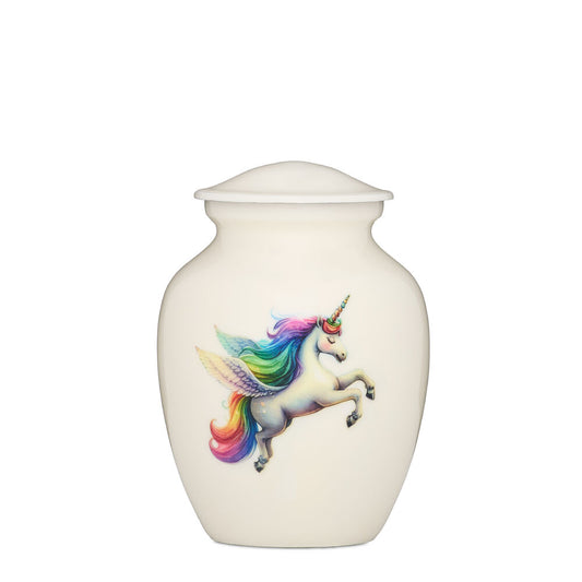 Medium alloy unicorn urn with prancing rainbow-maned unicorn design. Elegant white finish and secure closure for honoring loved ones.