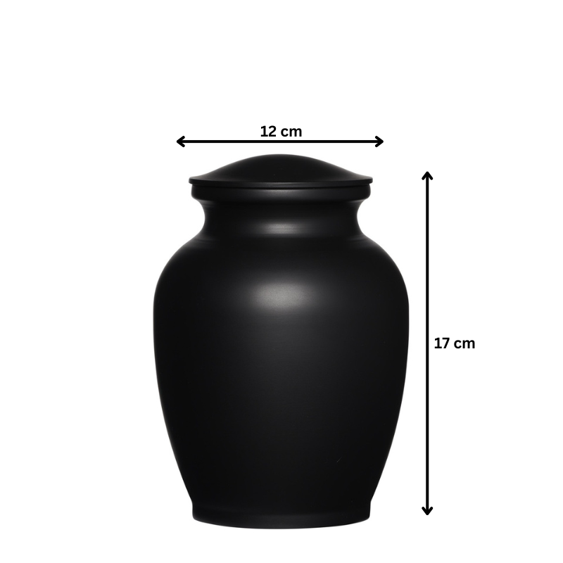 Matte Black Alloy Urn - Medium 7" shown with dimensions 17 cm height and 12 cm width, perfect for compact memorial spaces.