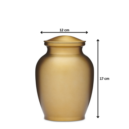 Matte Gold Alloy Urn 7 inch shown with dimensions 17 cm height and 12 cm width, combining elegance and durability for memorial use.