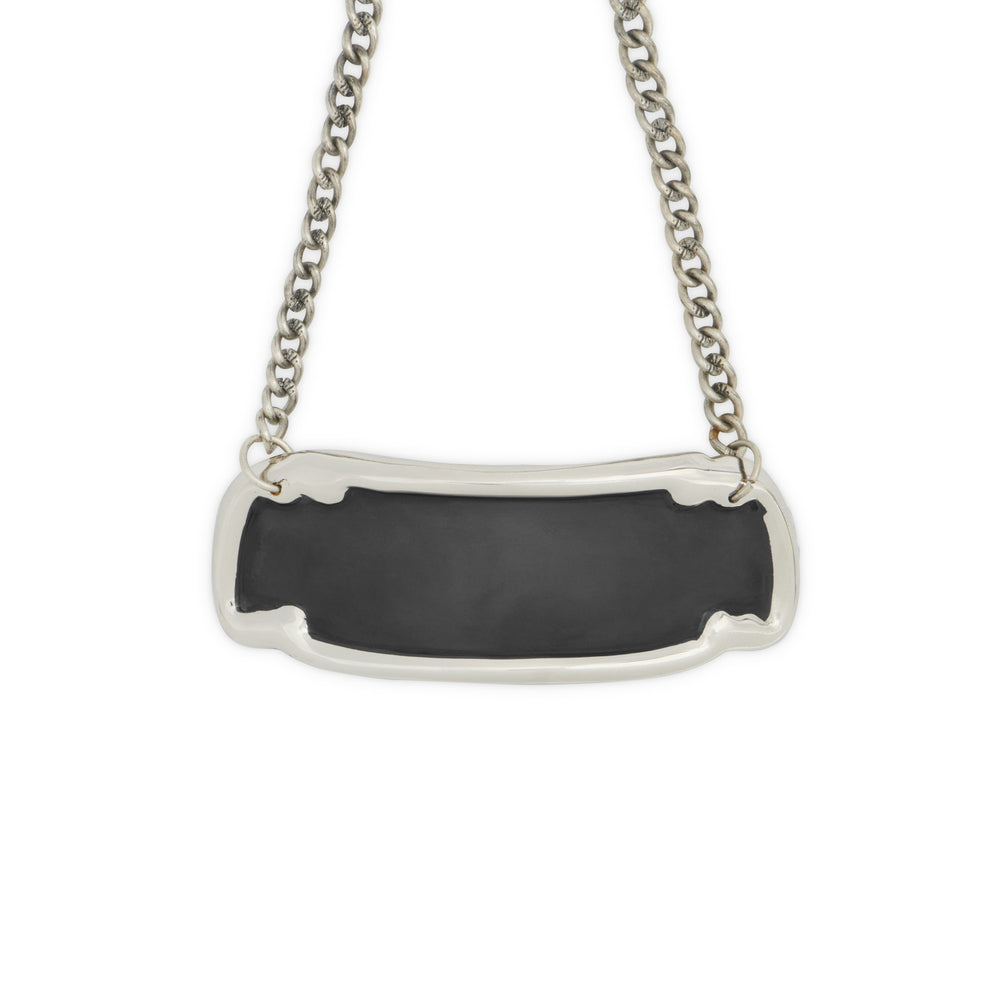 Silver Black Custom Name Plate - Durable & Stylish with bold black center and polished silver border, hanging from a sturdy silver chain.