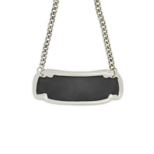 Silver Black Custom Name Plate - Durable & Stylish with bold black center and polished silver border, hanging from a sturdy silver chain.