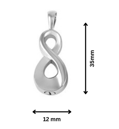 Infinity Cremation Jewelry Pendant with dimensions 35mm x 12mm, silver memorial keepsake featuring hidden compartment for ashes.