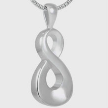 Infinity Cremation Jewelry Pendant on a chain, elegant memorial keepsake with secure ash-holding design in a smooth silver tone.