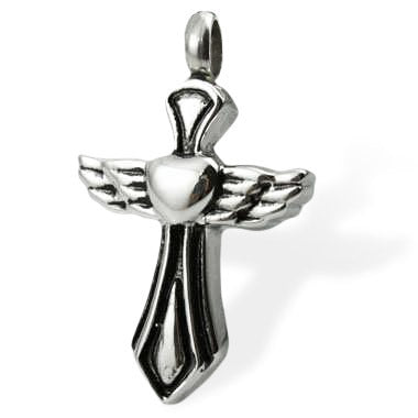 Winged Cross Necklace - Elegant Symbol of Faith featuring a silver cross with heart center and angel wings, ideal for spiritual jewelry lovers.