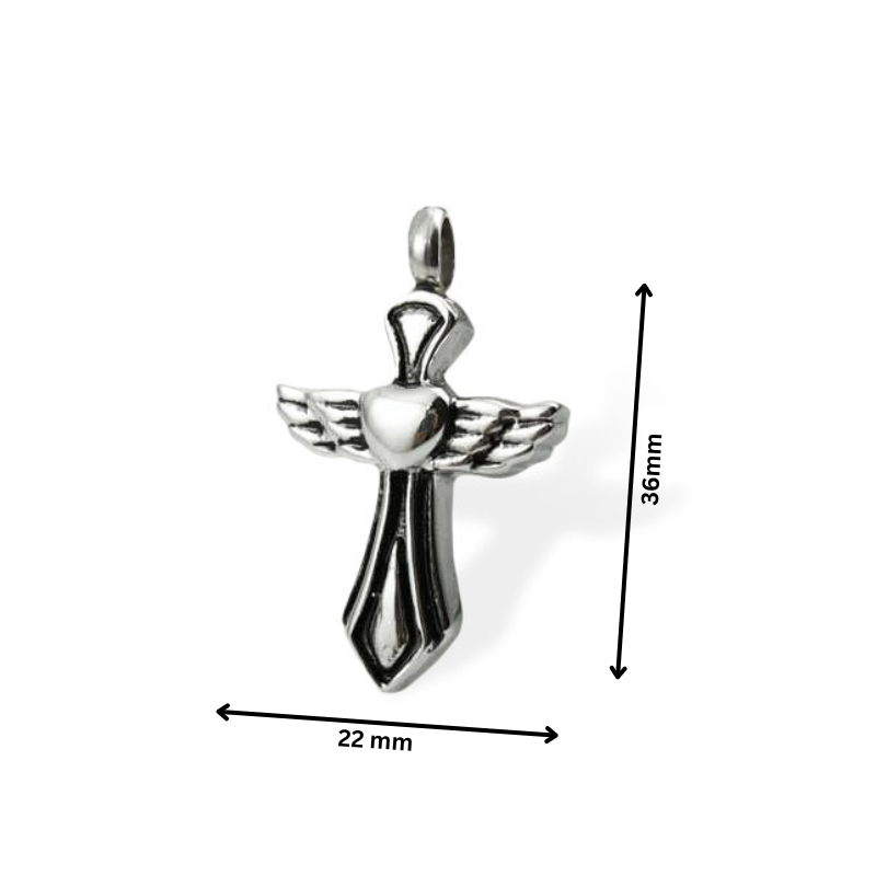 Winged Cross Necklace - Elegant Symbol of Faith with dimensions 36mm x 22mm, showcasing a silver pendant with angel wings and heart detail.