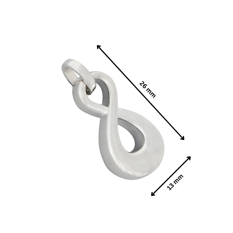 Infinity Pendant 925 Silver with dimensions 26mm x 13mm, crafted in solid anti-tarnish silver. Ideal for keepsakes and daily wear.