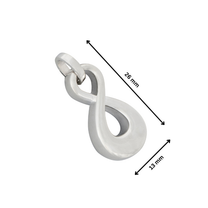 Infinity Pendant 925 Silver with dimensions 26mm x 13mm, crafted in solid anti-tarnish silver. Ideal for keepsakes and daily wear.