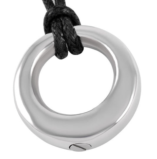 Eternity Circle Cremation Pendant - Eternal Love Symbol in polished stainless steel with black cord, designed to hold ashes securely.