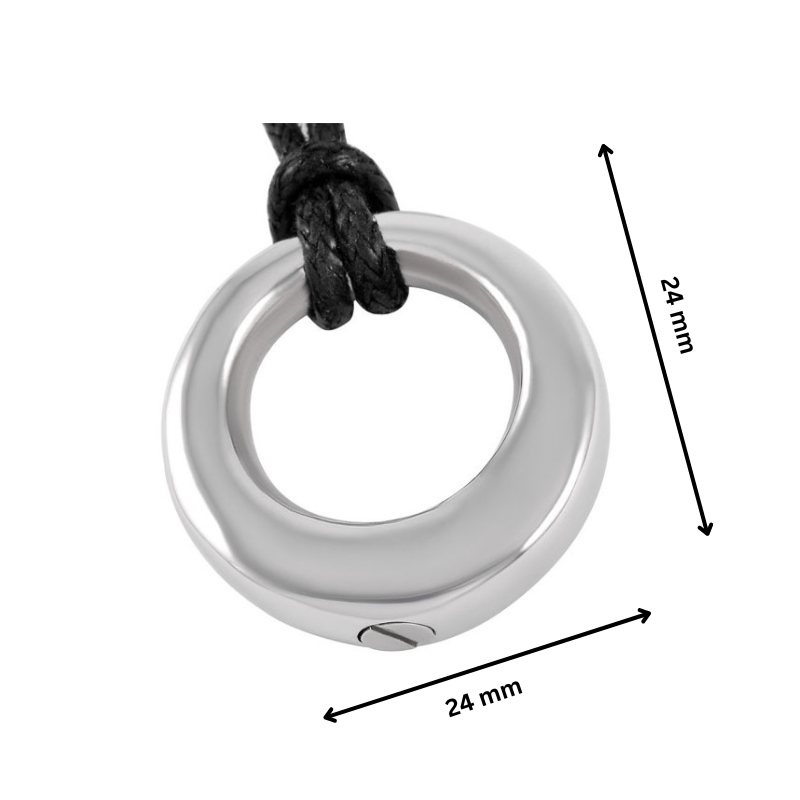 Stainless steel Eternity Circle Cremation Pendant with 24mm dimensions, featuring screw closure and black cord for secure ash storage.