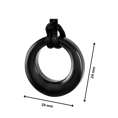 Black Eternity Circle Cremation Pendant - Elegant Memorial Jewelry shown with 24mm dimensions, ideal for holding ashes discreetly.