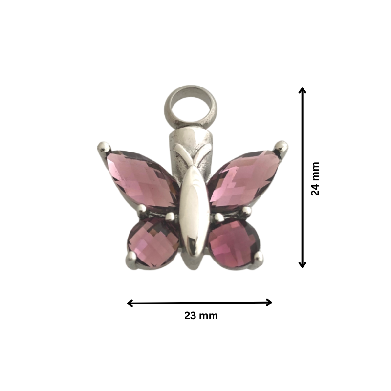 Purple Butterfly Decoration measuring 24mm x 23mm, featuring sparkling purple wings and silver-tone body. Perfect for effortless decor enhancement.