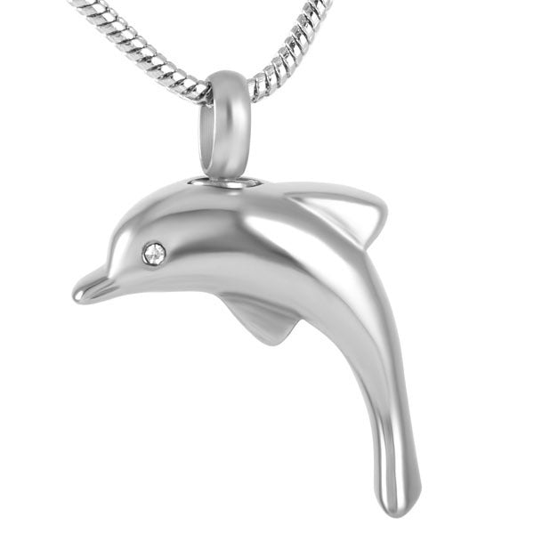 Dolphin Pendant Necklace in stainless steel with diamante eye, designed as memorial jewelry for ashes. Includes velvet pouch and accessories.