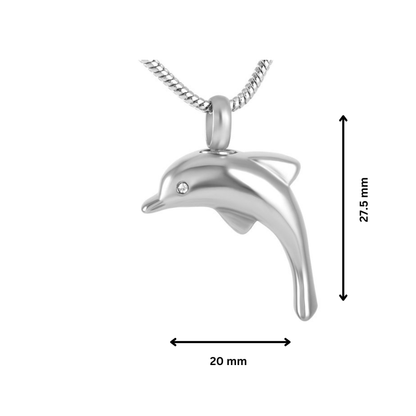 Stainless steel Dolphin Pendant Necklace with dimensions 27.5mm x 20mm, ideal for keepsake ashes. Features a sparkling diamante eye.