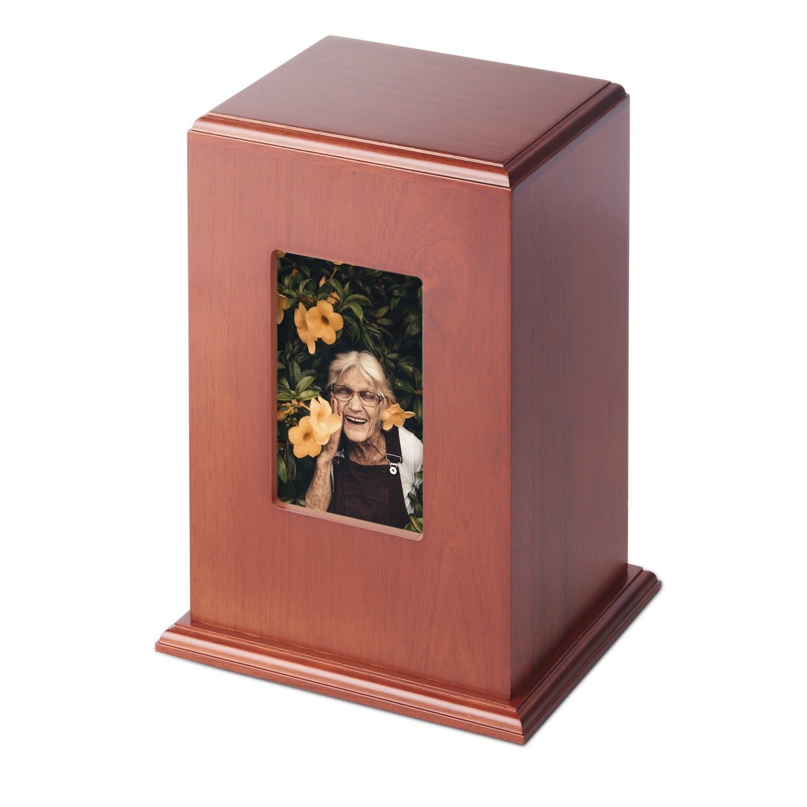 Mantle Photo Urn - Rosewood with a front photo display, crafted from polished rosewood for an elegant memorial keepsake.