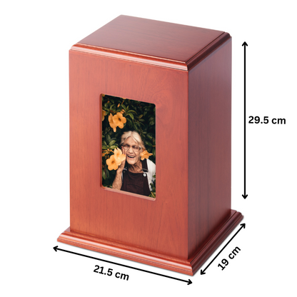 Elegant Rosewood Mantle Photo Urn with dimensions 29.5 cm height, 21.5 cm width, and 19 cm depth, ideal for cherished photo display.