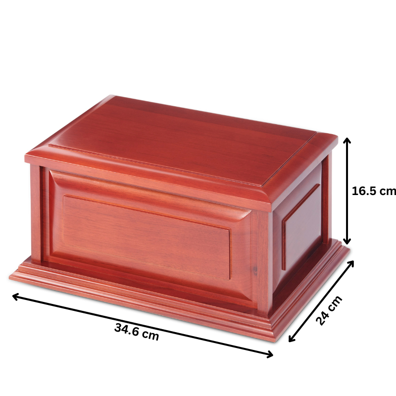Rosewood Urn - Solid Timber Finish | Memorial Keepsake featuring dimensions 34.6 cm x 24 cm x 16.5 cm, ideal for dignified remembrance.