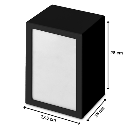 Black Timber Photo Urn - Memorial Keepsake with dimensions 28 cm x 17.5 cm x 15 cm, designed to store ashes and a personal photo.
