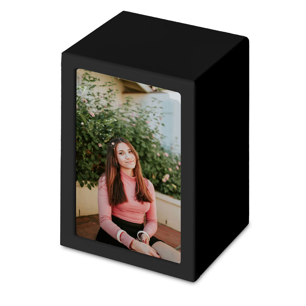 Black Timber Photo Urn - Memorial Keepsake featuring a framed photo of a woman, combining remembrance with elegant design.