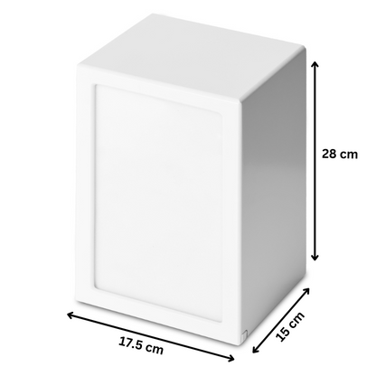 Adult Photo Urn in white timber with dimensions 28 cm height, 17.5 cm width, and 15 cm depth. Ideal for elegant memorial display.