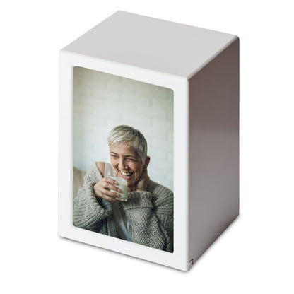 Elegant Wooden Adult Photo Urn with a personalized photo display. Perfect for preserving memories in a dignified memorial setting.