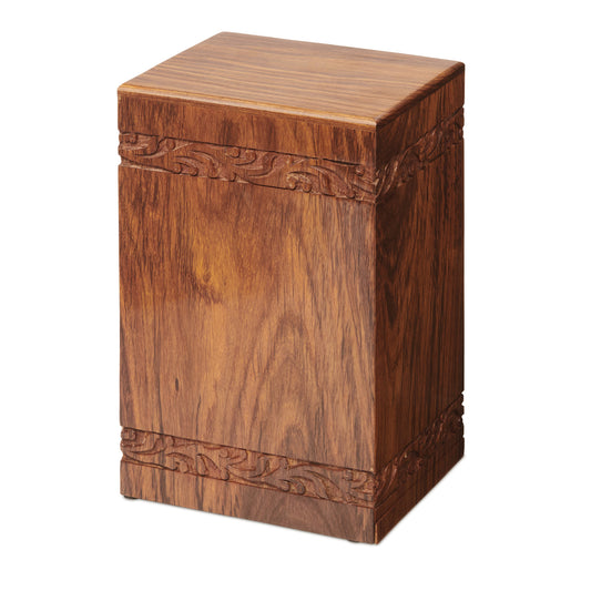 Carved Border Urn - Elegant Memorial Piece with intricate wood detailing, ideal for a decorative tribute to loved ones.