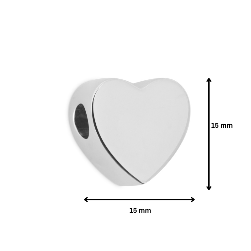 Heart Bead - 925 Silver with 15mm dimensions, shown with measurement arrows to indicate size for Pandora charm bracelet fit.