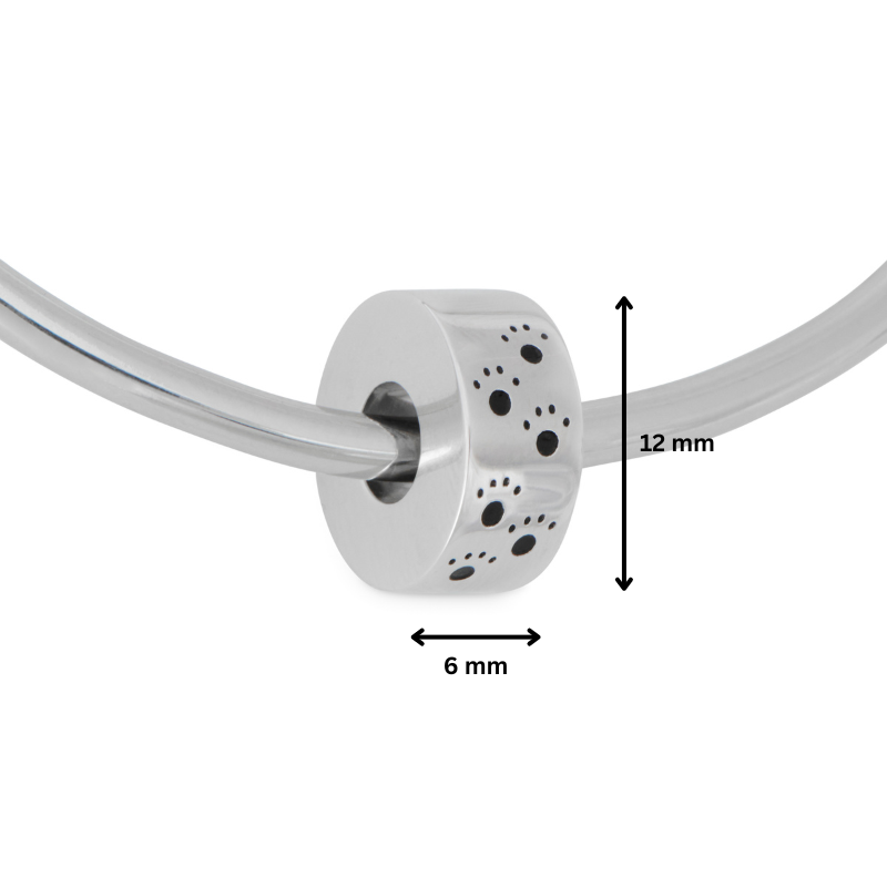 Paw Prints Bead - 925 Silver shown with 12mm height and 6mm width. Compatible with Pandora charms, perfect for pet remembrance.