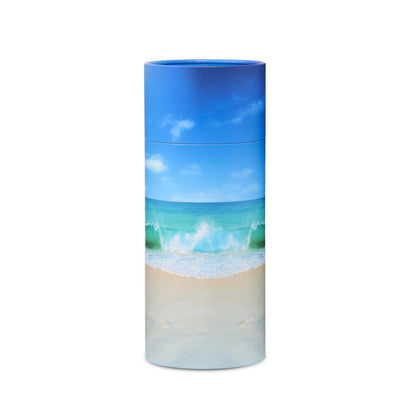 Beach Scattering Urn - Large with ocean wave design, ideal for eco-friendly seaside memorials. Cylindrical shape with vivid beach imagery.