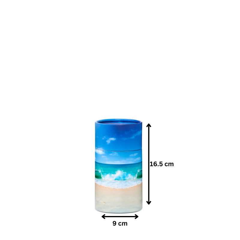 Eco-Friendly Beach Scattering Urn - Small, 16.5 cm tall and 9 cm wide, biodegradable design with serene beach imagery for ashes.