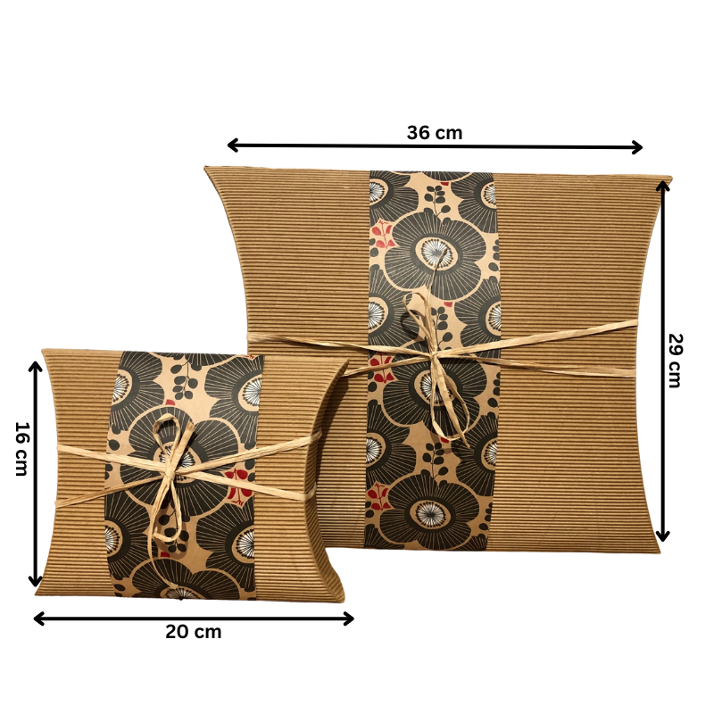 Eco-friendly Small Bio Burial Urn - Biodegradable with Kimono Flower print, shown with dimensions 36x29 cm and 20x16 cm for size reference.