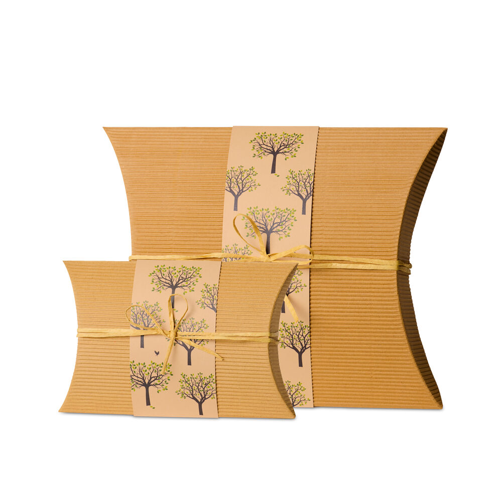 Burial Urn Orchard - Biodegradable set showing small and large recycled cardboard urns with tree motif, designed for sustainable ground burial.