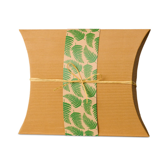 Bio Burial Urn Ferns Large made from biodegradable cardboard with green fern print and raffia tie, ideal for eco-friendly ground burial of ashes.