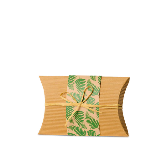Bio Burial Urn Ferns Small made of biodegradable cardboard with a fern leaf design and natural twine, ideal for eco-friendly ground burials.
