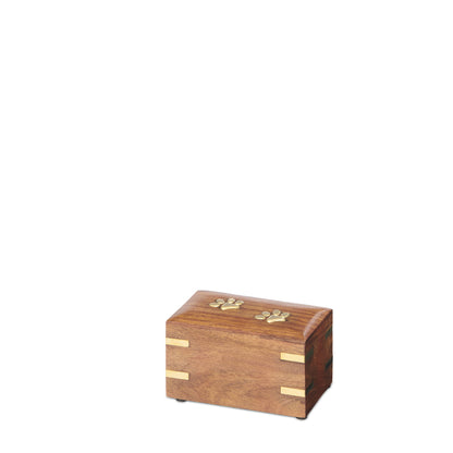 Brass Paw Box XS - Solid Sheesham Urn with brass paw inlays and corner accents. Features a compact rectangular design with smooth wood finish.