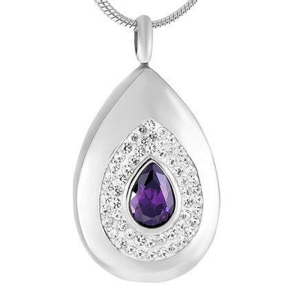 Tear Drop Purple Stone Pendant with synthetic amethyst gemstone and diamante border, crafted in stainless steel with ash enclosure feature.