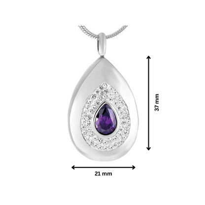 Tear Drop Purple Stone Pendant | Stainless Steel, Ash Enclosure shown with 37mm height and 21mm width, featuring purple gem and diamantes.