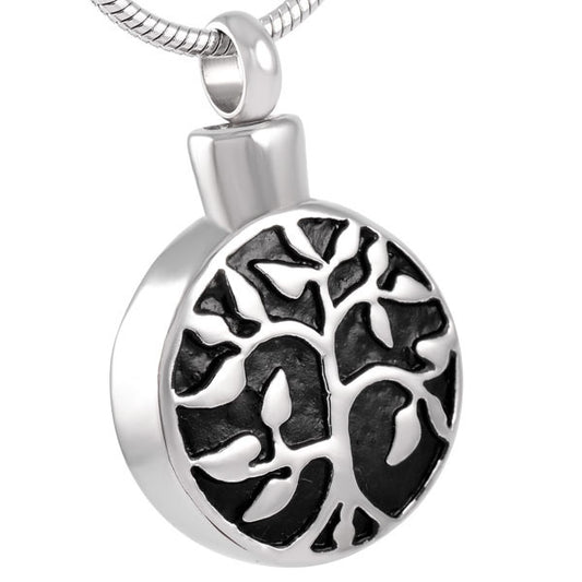 Tree of Life Pendant - Circular Design in stainless steel with black enamel detailing. Features a symbolic tree motif and polished finish.