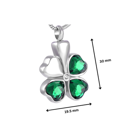 Four Leaf Clover Pendant - Jewelry | Stainless Steel Design measuring 30mm x 19.5mm, features green gemstones and ash-holding compartment.
