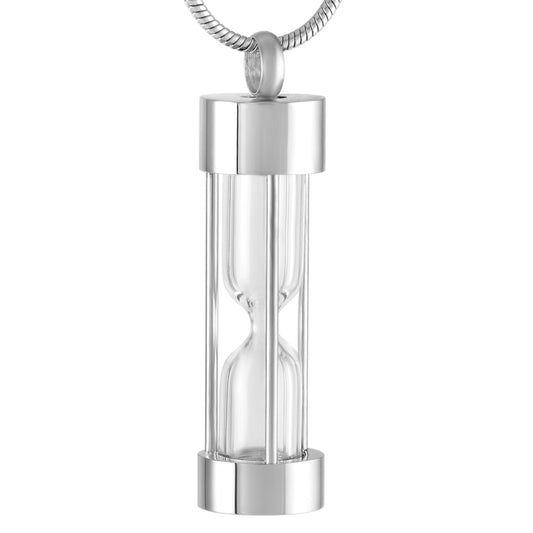 Hourglass Pendant Necklace Steel with ash holding design in silver tone, featuring a clear glass center and stainless steel frame.