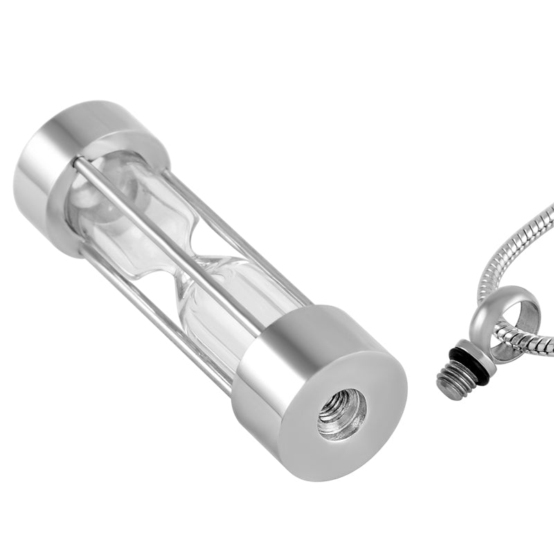 Hourglass Pendant Necklace unscrewed to show ash holding compartment, crafted in stainless steel with silver finish and clear hourglass center.