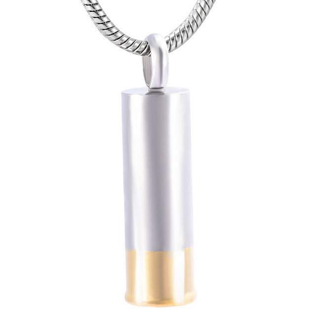 Two Tone Cylinder Pendant in stainless steel with silver and gold finish, ideal for memorial keepsakes and stylish personal decor.