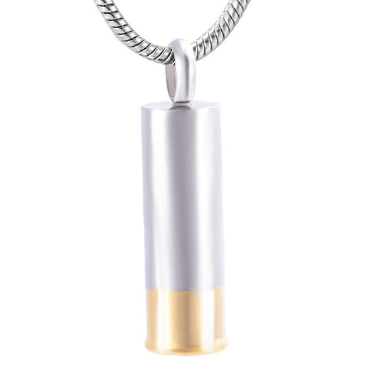 Two Tone Cylinder Pendant in stainless steel with silver and gold finish, ideal for memorial keepsakes and stylish personal decor.