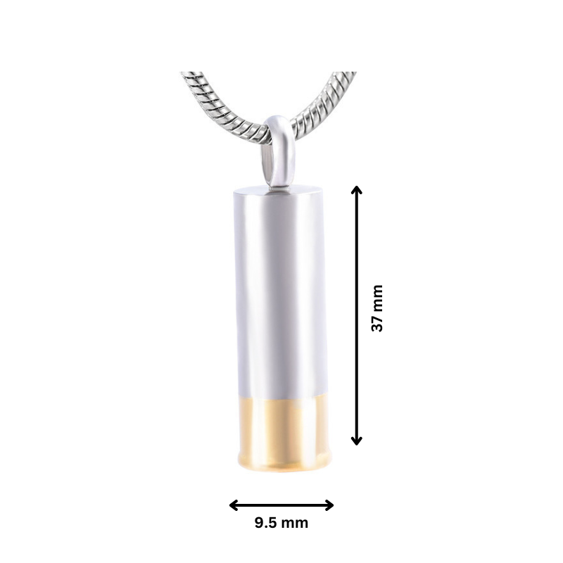 Two Tone Cylinder Pendant with dimensions 37mm x 9.5mm, crafted in stainless steel with gold-tone base for memorial or fashion use.