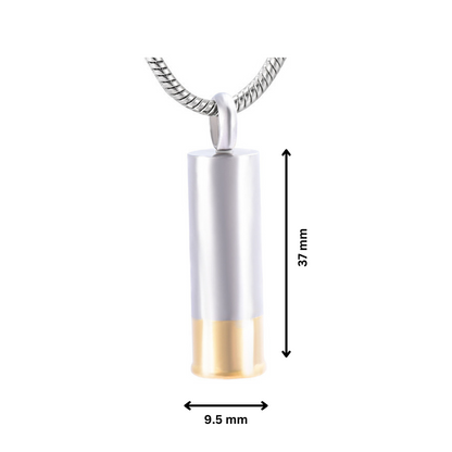 Two Tone Cylinder Pendant with dimensions 37mm x 9.5mm, crafted in stainless steel with gold-tone base for memorial or fashion use.