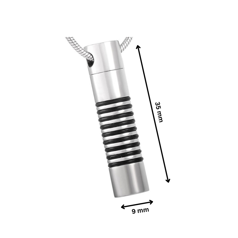 Stripe Cylinder Pendant - Modern Pendant Lighting with dimensions 35mm x 9mm, stainless steel urn necklace for ashes with striped detailing.