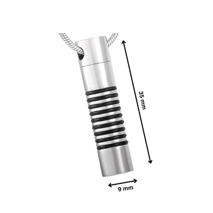 Stripe Cylinder Pendant - Modern Pendant Lighting with dimensions 35mm x 9mm, stainless steel urn necklace for ashes with striped detailing.