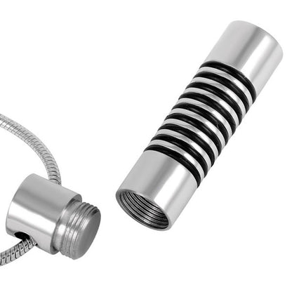 Modern Stripe Cylinder Pendant unscrewed to reveal inner compartment for ashes, crafted from stainless steel with black ringed design.